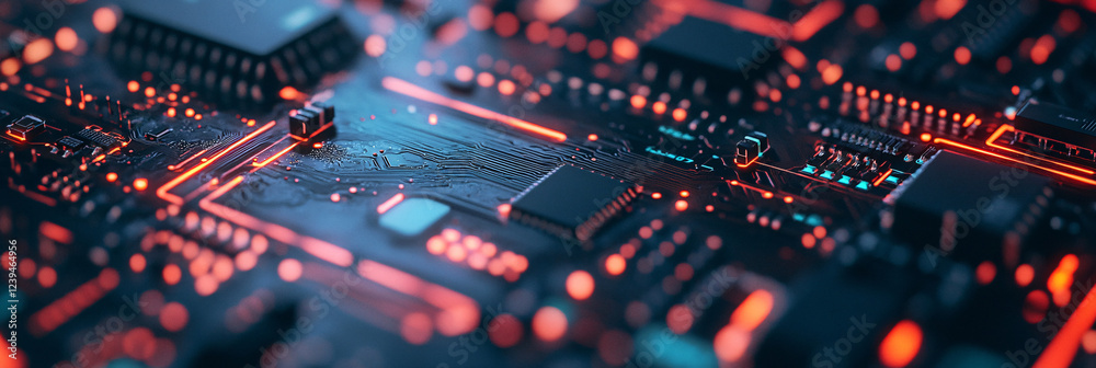 Fototapeta premium Close-up of a neon circuit board with intricate details on a dark surface. 