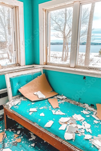 Abandoned Room with Turquoise Walls and Broken Furniture by Lake