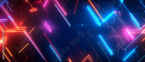 Fototapeta Naklejka Na Ścianę i Meble -  Neon gaming geometric abstract glowing cyberpunk style banner for advertising and promotion background wallpaper AI generated image