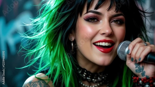 Close-Up of Smiling Rock Girl Singing with Green and Black Hair