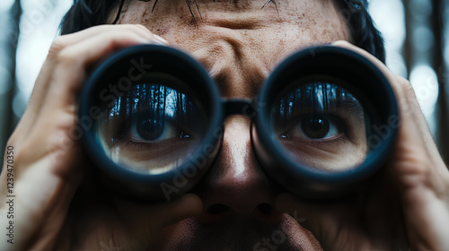 A close-up image of a man holding binoculars and scanning the forest. The focus on his eyes and the binoculars highlights the sense of adventure and exploration in nature photo