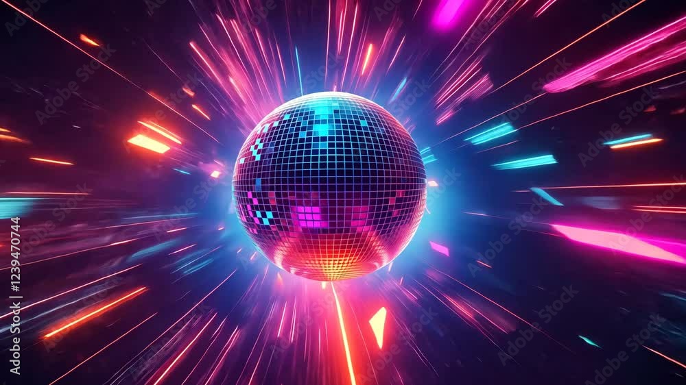 Electronic music party disco ball with vibrant flashing neon light. Music party background video.