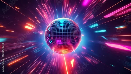 Electronic music party disco ball with vibrant flashing neon light. Music party background video.