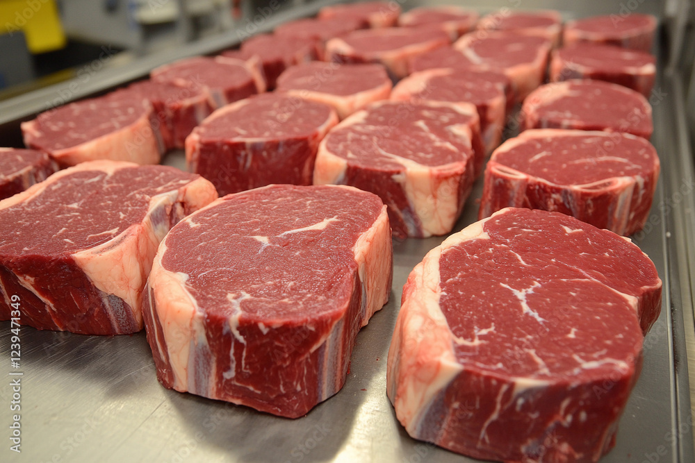 Fototapeta premium Freshly cut ribeye steaks arranged on a metal surface