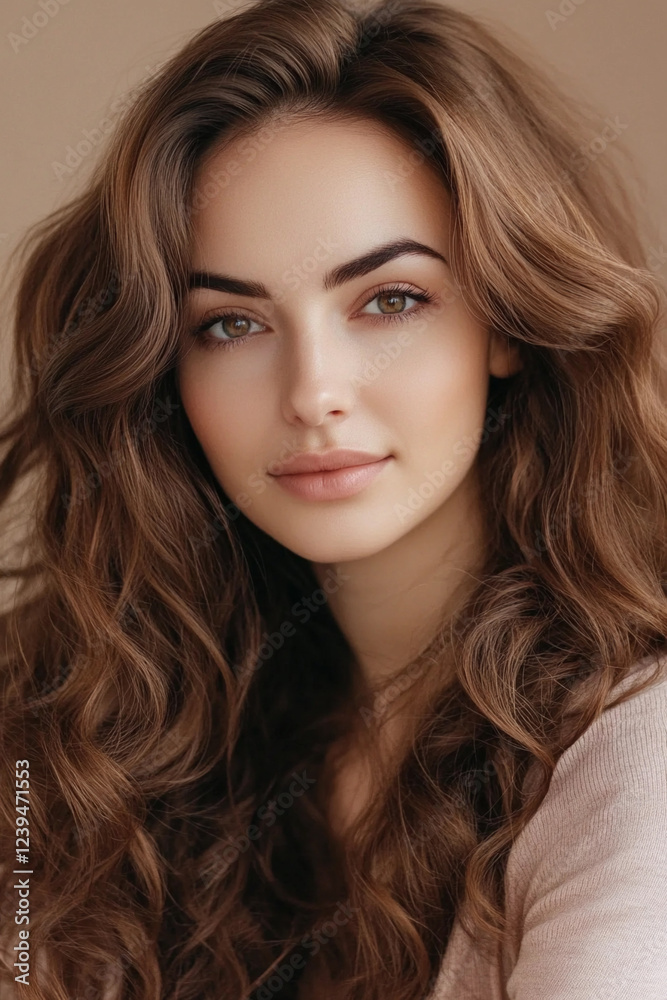 Naklejka premium Young woman with wavy hair poses in natural light indoors