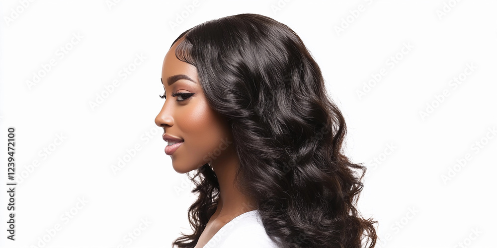 Woman with beautiful long wavy hair in profile view