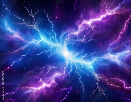 two electric blue lightning bolts are converging in the dark purple sky creating a dazzling pattern reminiscent of astronomical objects in space
