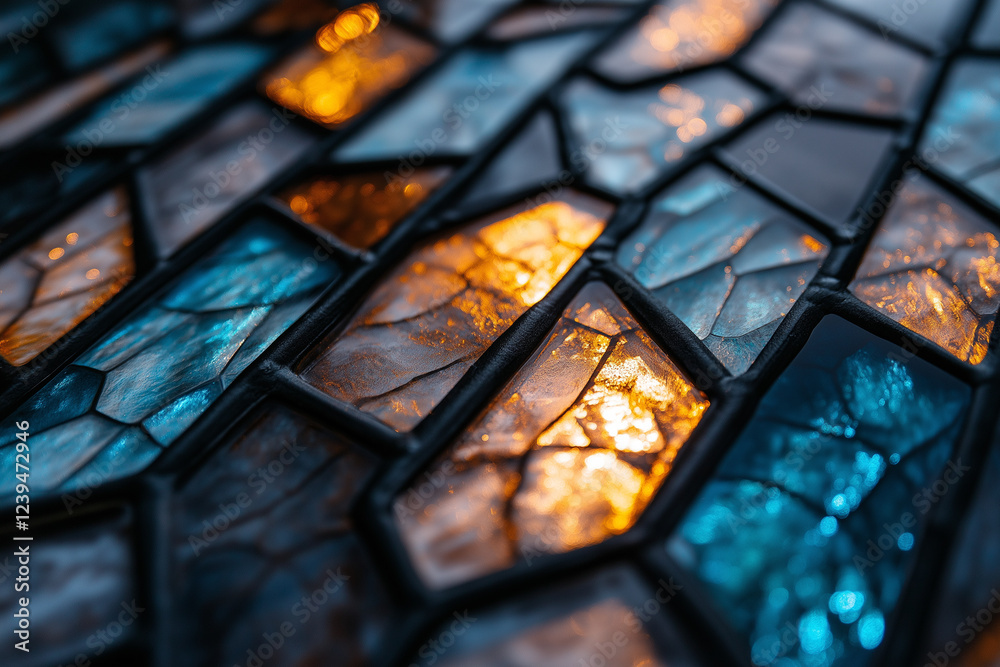A close up of a stained glass window with blue and yellow pieces A close up of a stained glass window with blue and yellow pieces