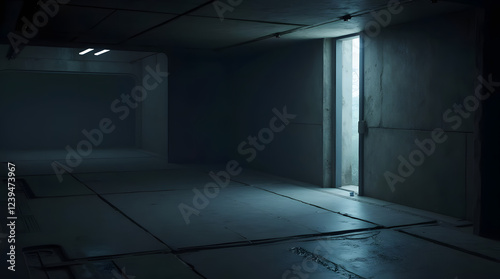 Futuristic 3D rendering of an empty dark corridor with a glowing side window and concrete elements.