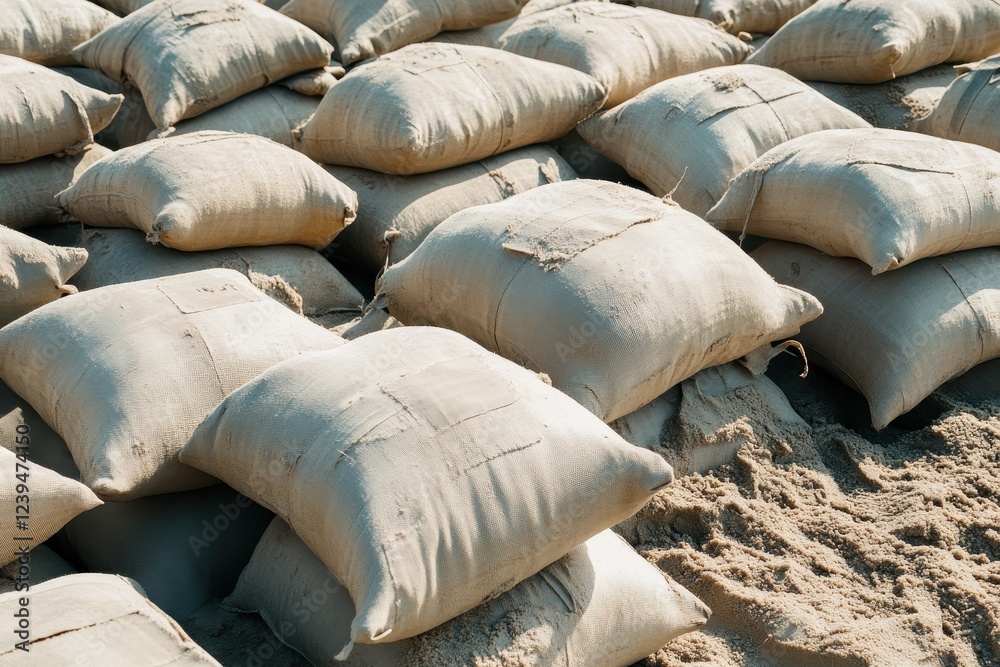 Fototapeta premium Numerous sandbags for military defenses and flood protection detailed view