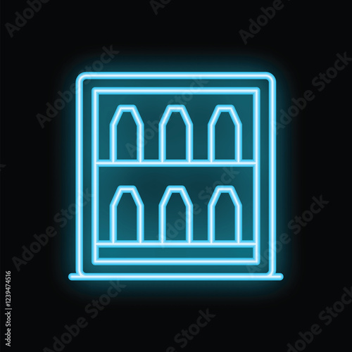 Blue glowing neon icon representing wine bottles resting horizontally in a cellar