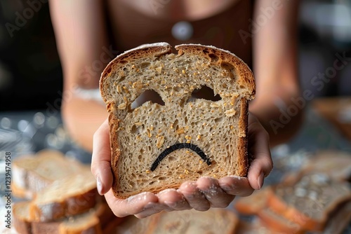 Gorgeous woman holding gluten-free bread with a saddened expression after being diagnosed with celiac disease. photo