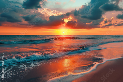 Breathtaking Tropical Beach at Sunset with Golden Sun Rays Reflecting on the Ocean Waves, Creating a Serene and Dreamlike Paradise, Perfect for Travel, Relaxation, and Natural Beauty Appreciation
