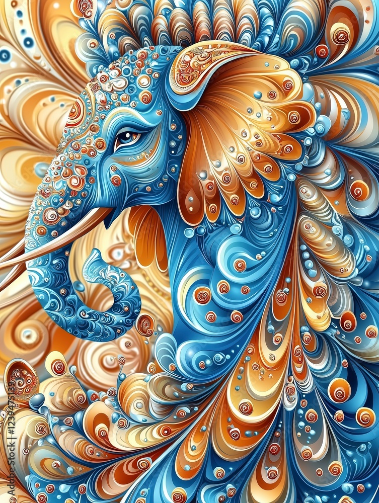 Fototapeta premium Colorful abstract illustration of an ornate blue elephant with intricate designs and patterns.