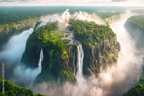 A stunning view of Victoria Falls, located on the Zambezi River, straddling the border between Zimbabwe and Zambia in Africa. The powerful cascade of water creates a majestic natural wonder, attractin