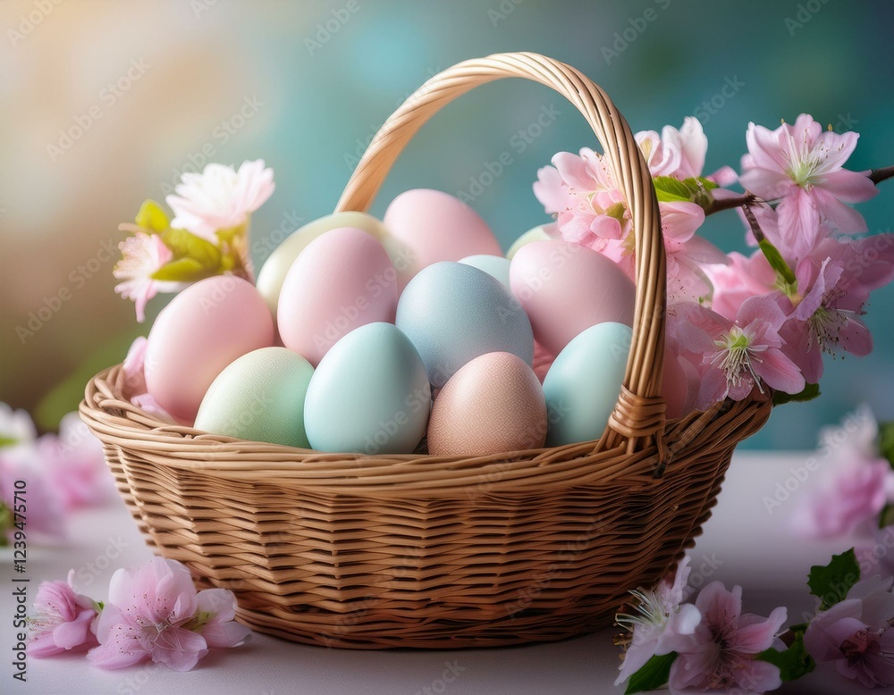 Naklejka premium a wicker basket filled with pastel colored easter eggs and pink flowers sits on a table concept of springtime celebration