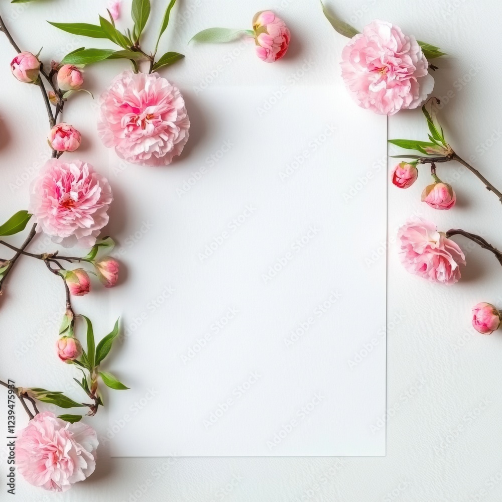 Fototapeta premium Floral arrangement with pink peonies and blank paper on white surface for creative styling and invitations. Generative AI