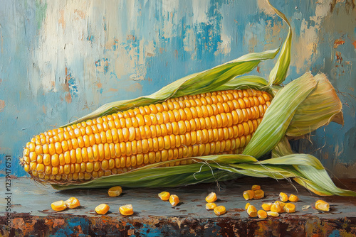 Painting of corn on a table, vibrant colors, realistic details, close-up view, bright lighting, textured surface, showcasing autumn harvest theme. photo