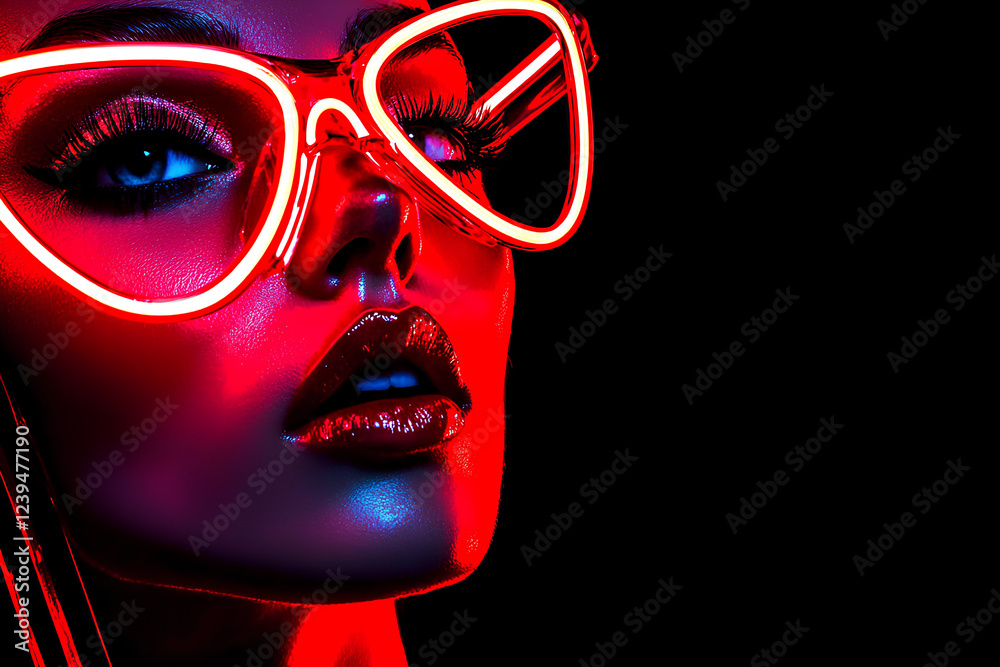 A close-up portrait of a beautiful young woman with striking red lips and stylish red sunglasses, exuding confidence and elegance. Her bold look is complemented by soft lighting, highlighting her feat A close-up portrait of a beautiful young woman with striking red lips and stylish red sunglasses, exuding confidence and elegance. Her bold look is complemented by soft lighting, highlighting her feat