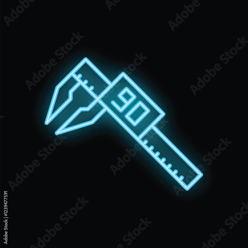 Glowing blue neon icon of a vernier caliper taking a measurement
