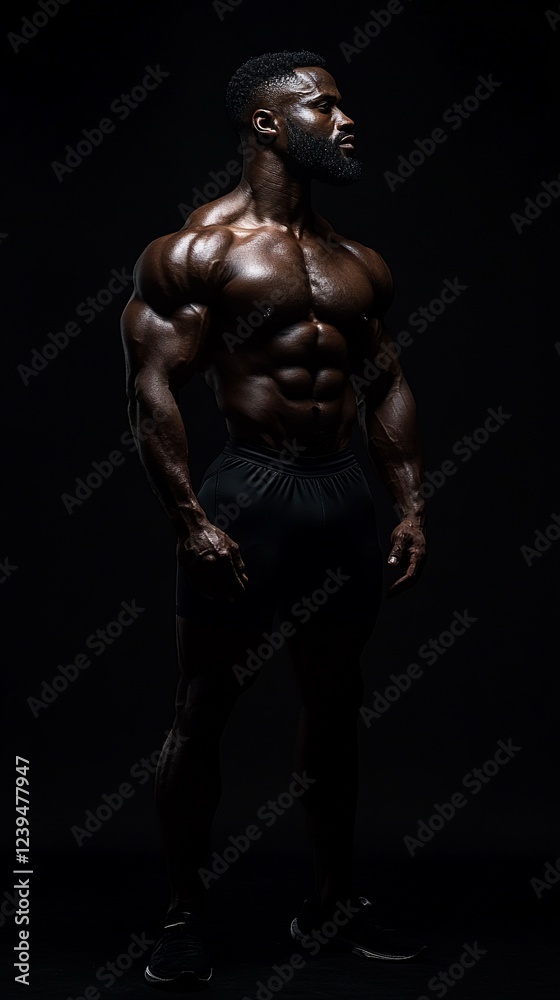 Muscular man stands with head turned in studio with dark background Muscular man stands with head turned in studio with dark background