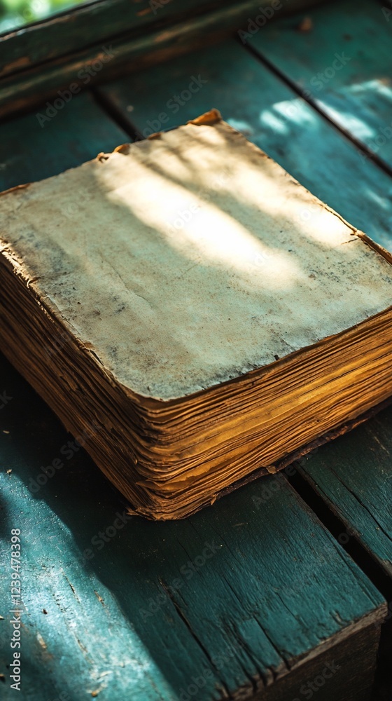 Old book with yellowed pages lies on wooden surface, sun streaming in window Old book with yellowed pages lies on wooden surface, sun streaming in window