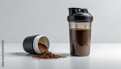 Wallpaper Mural shaker bottle with a black lid and a white handle. The bottle is filled with a dark brown liquid, which appears to be protein powder. Next to the bottle, there is a small scoop of the powder Torontodigital.ca