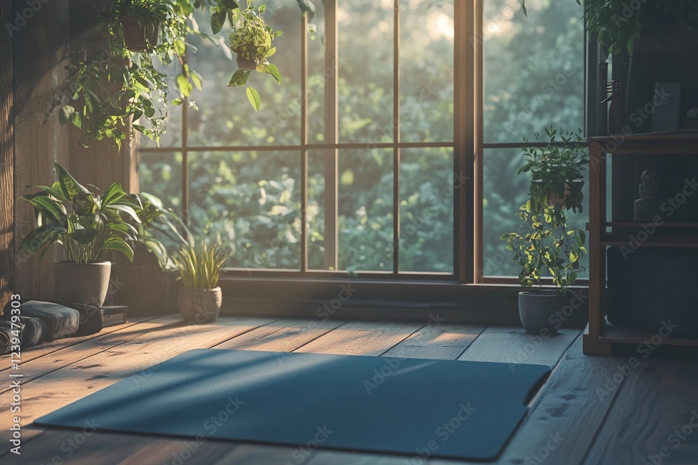 Fototapeta premium Yoga mat beside a home workspace for a person meditating