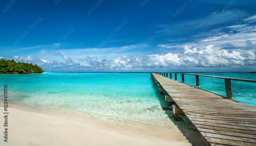 serene beach with a wooden pier on the turquoise water under a beautiful sky serene beach with a wooden pier on the turquoise water under a beautiful sky