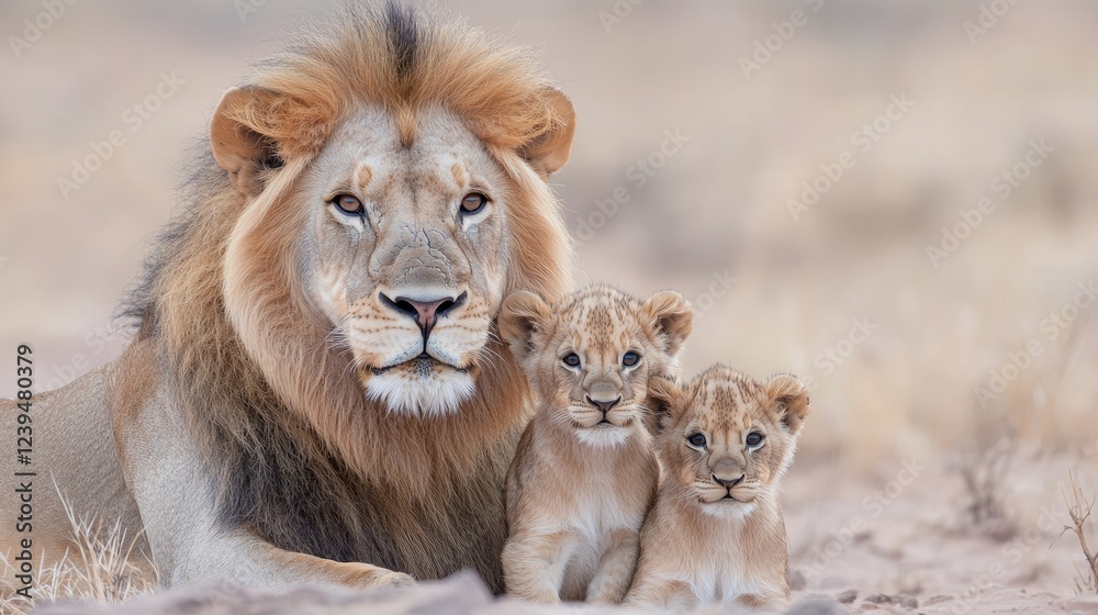 Male lion with cubs in African savanna; wildlife documentary Male lion with cubs in African savanna; wildlife documentary