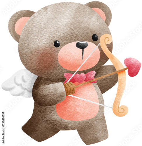 Adorable watercolor illustration of a baby teddy bear dressed as Cupid, holding a bow and heart-shaped arrow with small angel wings. Perfect for Valentine's Day and romantic designs
