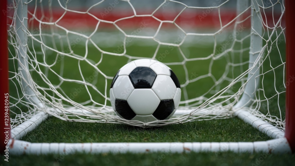 Fototapeta premium soccer ball in the net of a goal. The ball is black and white and is in the center of the image. The net is made of white netting and is set up on a green grass field. 