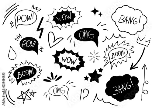 Comic boom cartoon effect line element set. Pow, wow, omg, bang, boom, arrows, signs - doodle vector illustration.