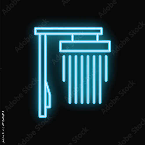Blue neon sign depicting a shower stall glowing on a black background