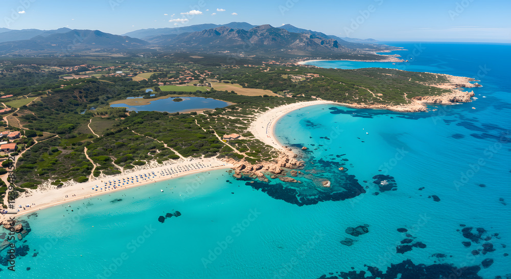 Obraz premium Aerial View of Sardinia's Stunning Coastline: Turquoise Waters, White Sands, and Lush Vegetation
