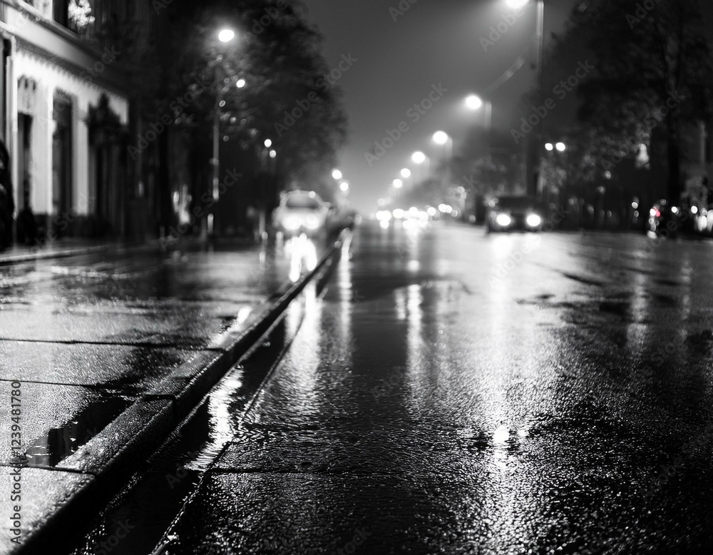 Naklejka premium a black and white photo of a wet street with blurry lights