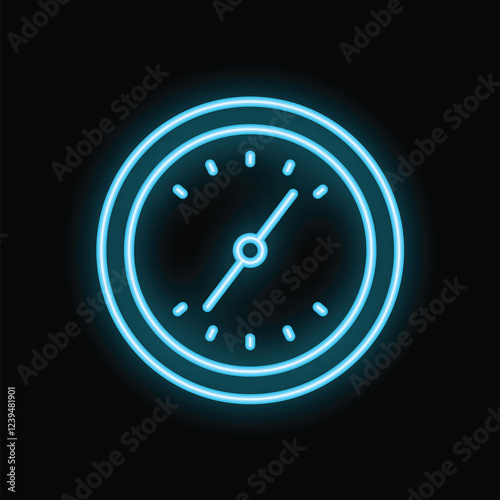 Blue neon clock glowing on a black background representing the concept of time photo