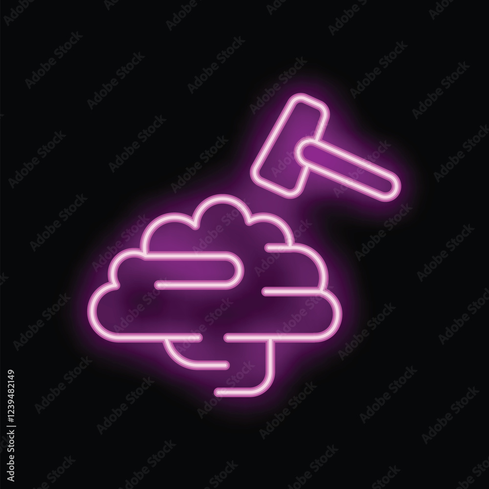 Neon sign illustrating a hammer breaking a brain, symbolizing mental breakdown Neon sign illustrating a hammer breaking a brain, symbolizing mental breakdown
