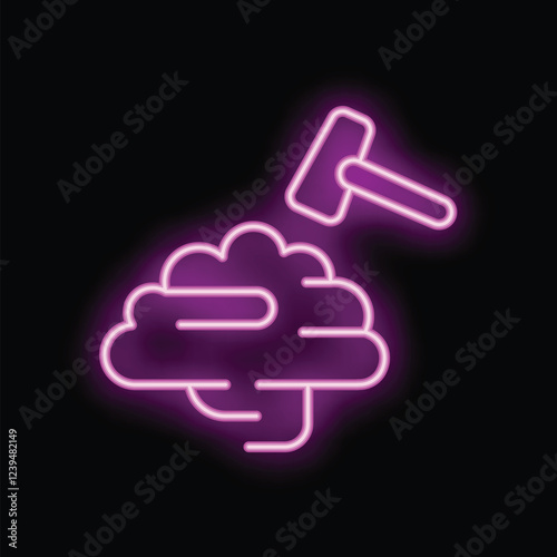 Neon sign illustrating a hammer breaking a brain, symbolizing mental breakdown