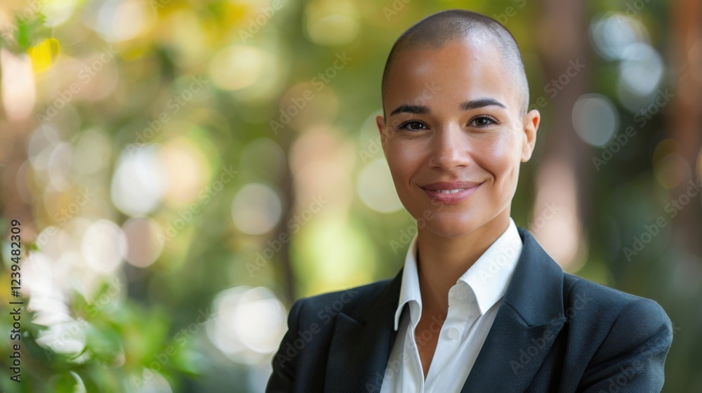Strong businesswoman with a shaved head, dressed in a formal suit, standing outdoors, smiling confidently with space for text Strong businesswoman with a shaved head, dressed in a formal suit, standing outdoors, smiling confidently with space for text