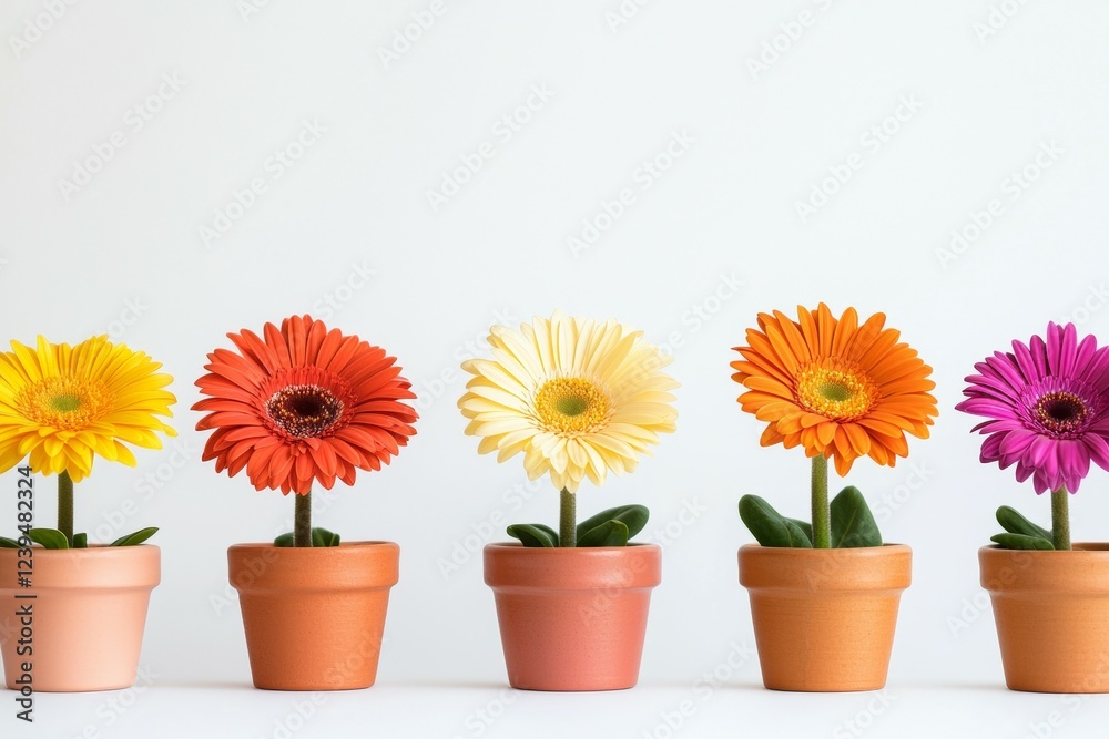 Row of potted flowers in different colors, including yellow, orange, and pink Row of potted flowers in different colors, including yellow, orange, and pink