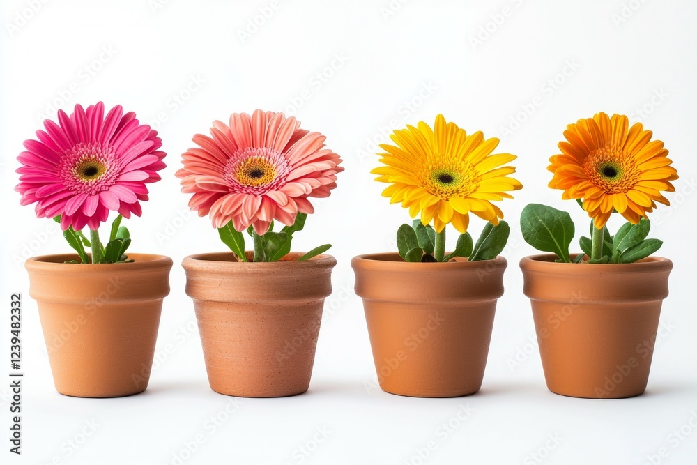 Four potted flowers of different colors are arranged in a row Four potted flowers of different colors are arranged in a row