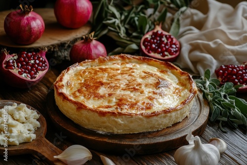 Ossetian cheese pie on a wooden table with fresh ingredients and pomegranate photo