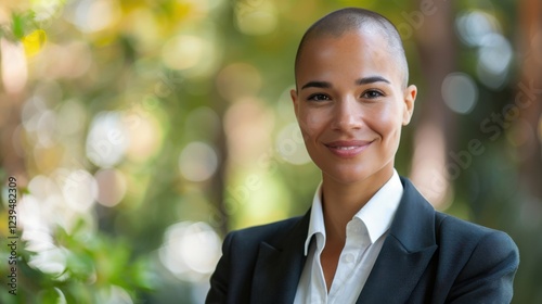 Strong businesswoman with a shaved head, dressed in a formal suit, standing outdoors, smiling confidently with space for text