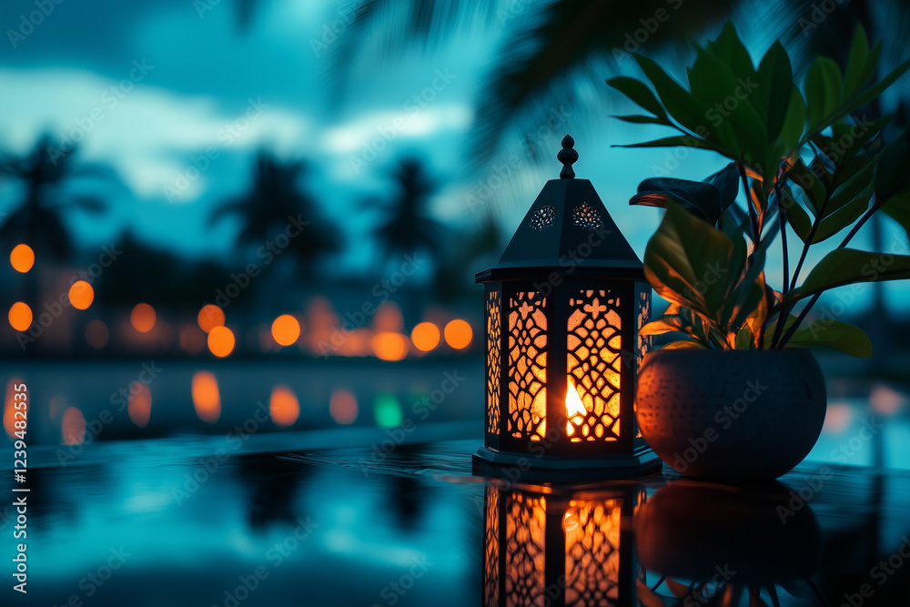 A beautiful arrangement of glowing lanterns in intricate designs, placed on a reflective surface under a dark starry sky, with a soft focus effect, creating a magical and serene Eid ambiance. A beautiful arrangement of glowing lanterns in intricate designs, placed on a reflective surface under a dark starry sky, with a soft focus effect, creating a magical and serene Eid ambiance.