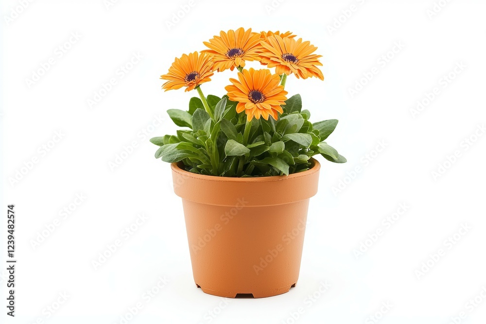 Small orange flower pot with a single flower in it Small orange flower pot with a single flower in it