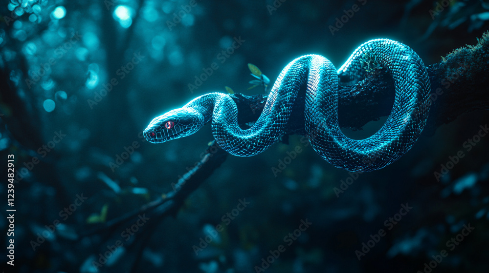Glowing neon snake coiled around a dark branch in a shadowy forest. Glowing neon snake coiled around a dark branch in a shadowy forest.