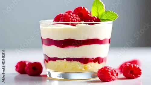  Glass dessert cup, cake with raspberries 