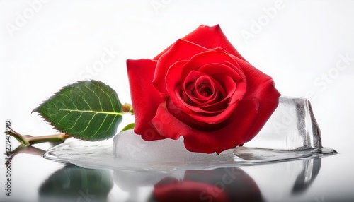 Red rose is on top of a block of ice