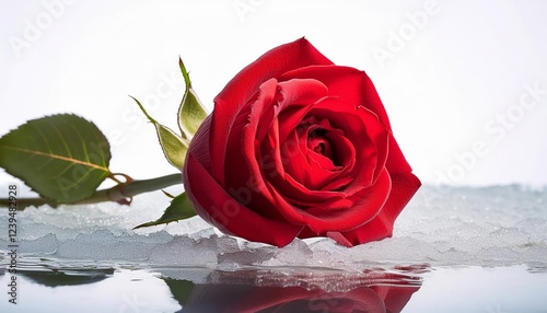 Red rose is laying on a snowy surface